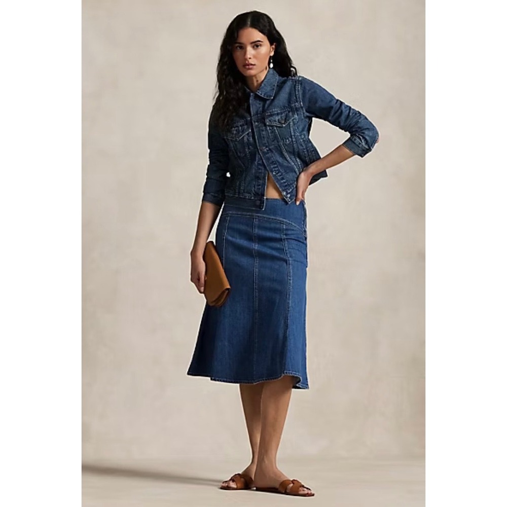 Polo Ralph Lauren Women Blue Denim Paneled A-Line Midi Skirt Size 16